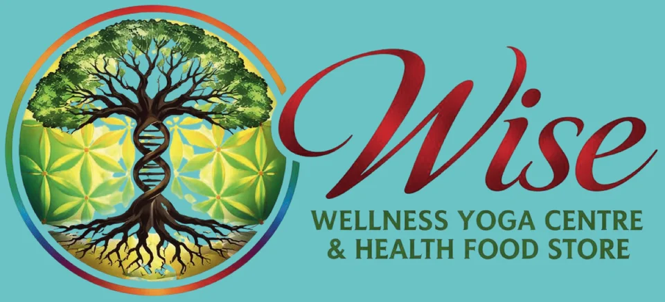 Wise Wellness Yoga Centre and Health Food Store logo: a tree of life with roots and a DNA strand inside a rainbow ring, beside the word Wise in red script