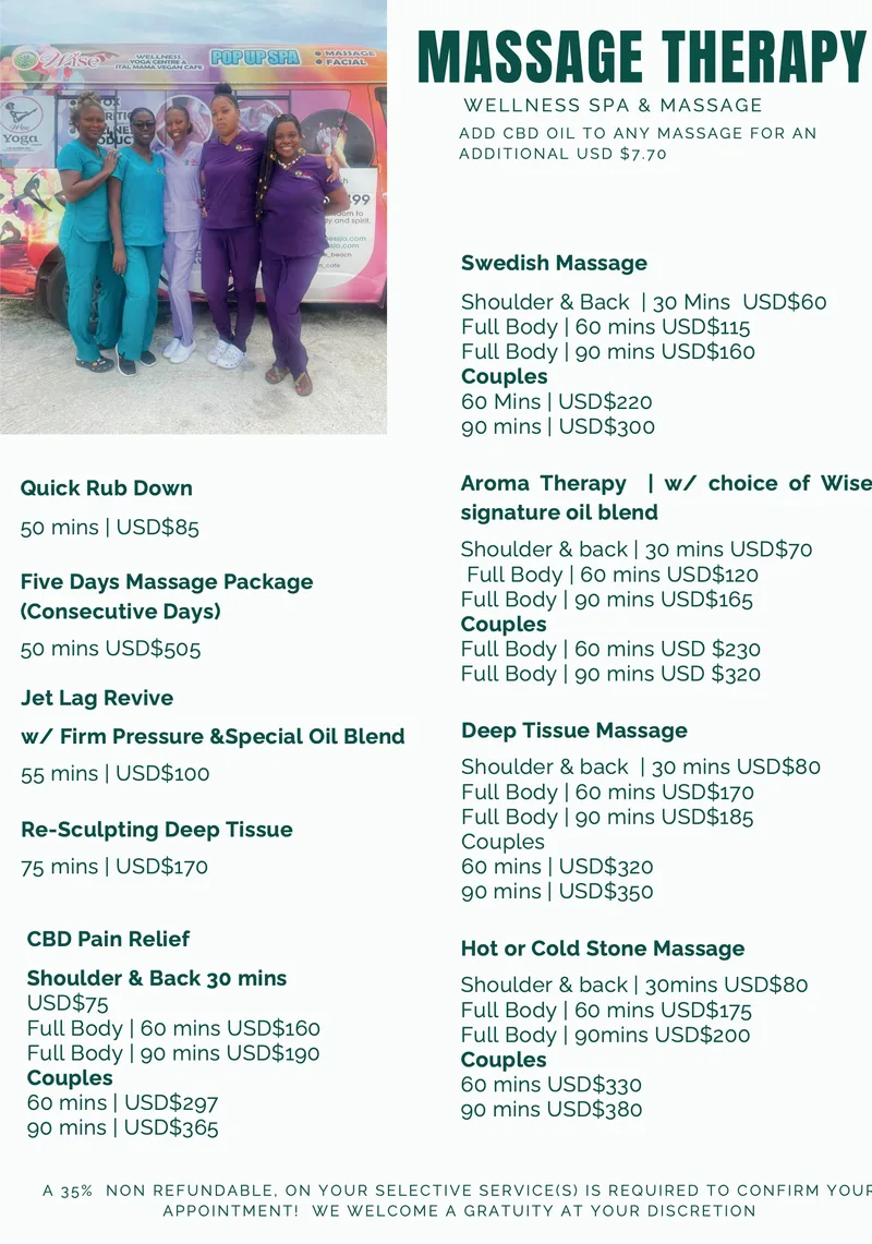 Massage Therapy price list in US dollars: Swedish, aroma therapy, deep tissue, hot or cold stone, CBD pain relief, quick rub down, jet lag revive, re-sculpting deep tissue and a five days massage package, with couples prices.