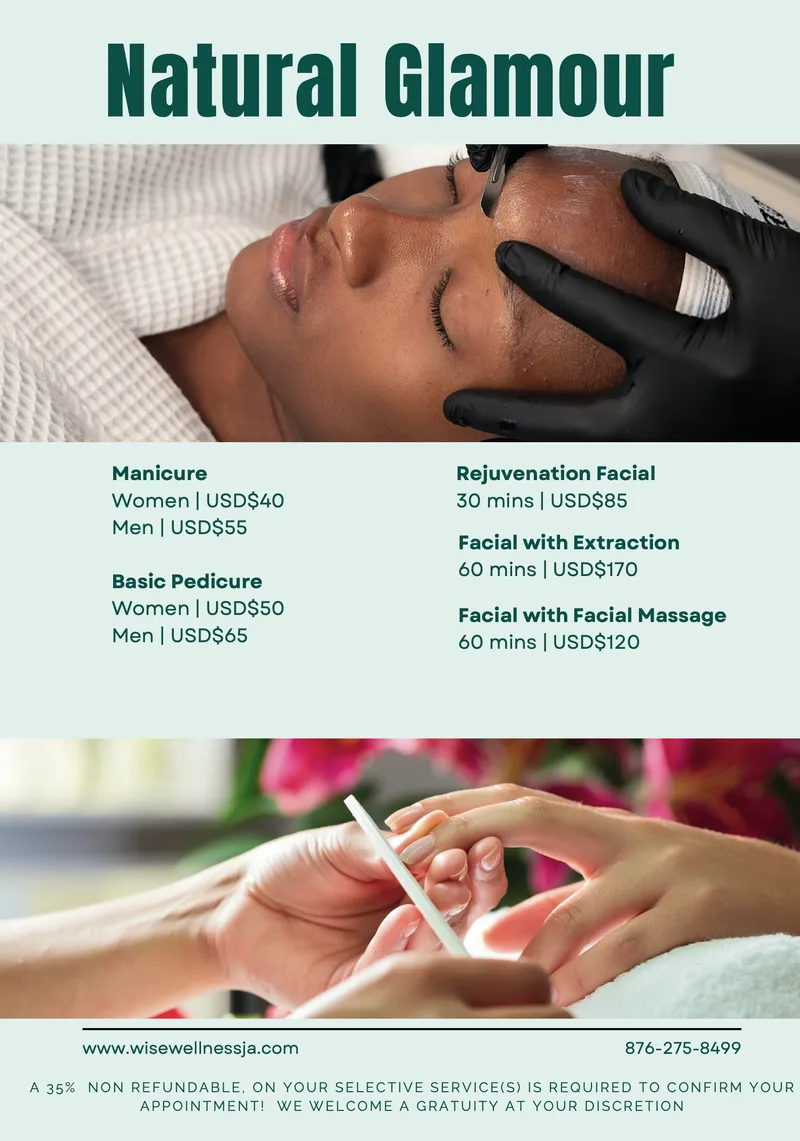 Natural Glamour: manicure, basic pedicure and facials (rejuvenation, with extraction, with facial massage), with prices in US dollars.