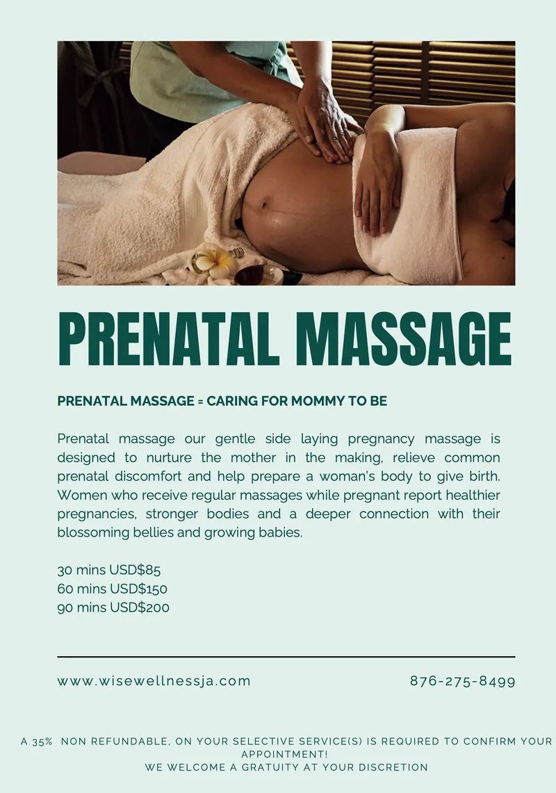 Prenatal Massage: a gentle pregnancy massage to ease discomfort and prepare the body for birth, at 30, 60 and 90 minutes, with prices in US dollars.