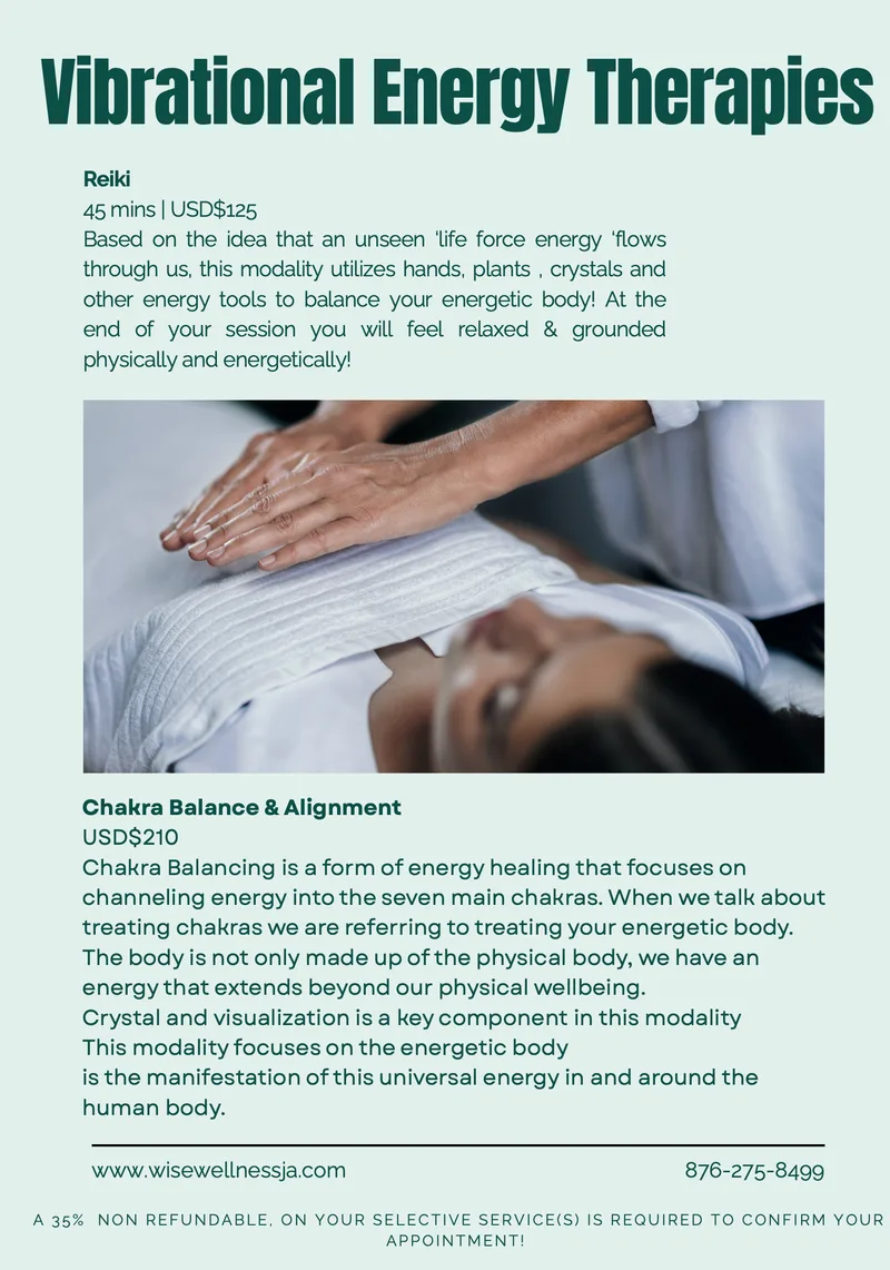 Vibrational Energy Therapies: Reiki and Chakra Balance and Alignment, with what each involves and prices in US dollars.