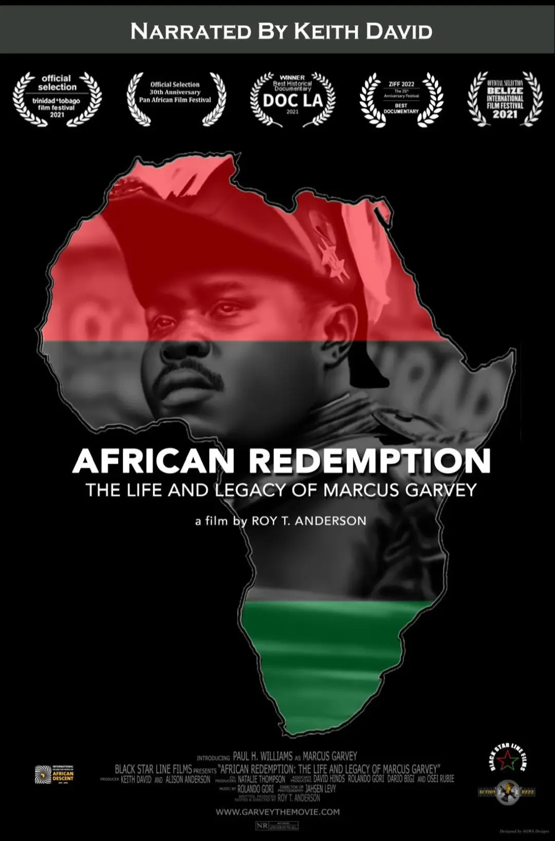 Poster for African Redemption: The Life and Legacy of Marcus Garvey, a film by Roy T. Anderson, narrated by Keith David: a portrait of Marcus Garvey in uniform fills the map of Africa, coloured red, black and green
