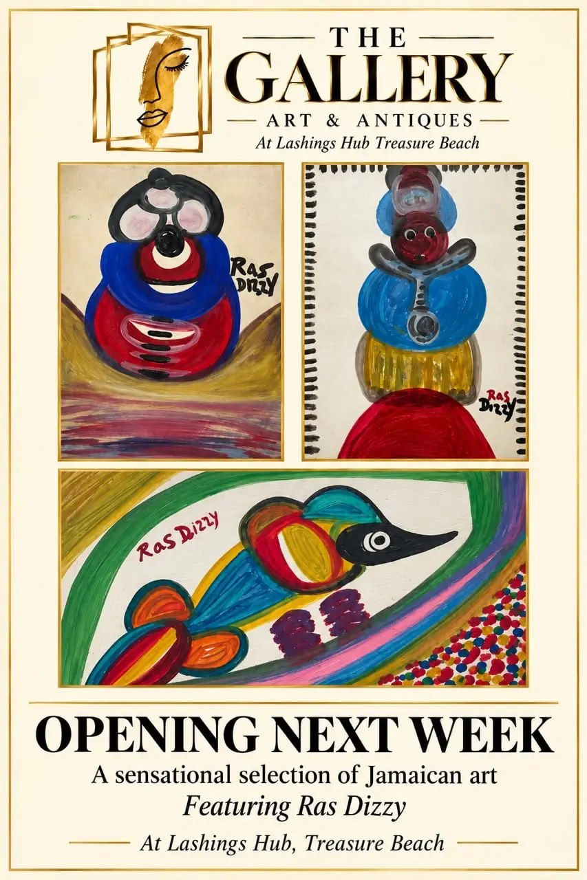 The Gallery, Art and Antiques, at Lashings Hub Treasure Beach: a gold-framed poster of three colourful paintings by Ras Dizzy, a seated figure in red and blue, a stacked figure in blue, gold and red, and a bird with a long black beak, above the words Opening next week, a sensational selection of Jamaican art, featuring Ras Dizzy