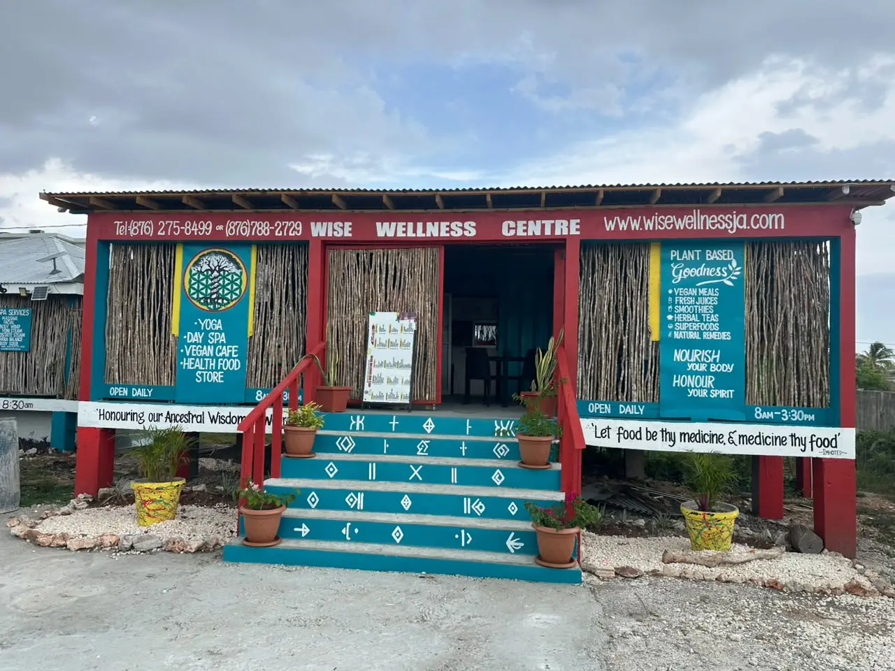 The front of the Wise Wellness Centre in Frenchman, with its painted steps, potted plants and signs for yoga, a day spa, a vegan café and a health food store