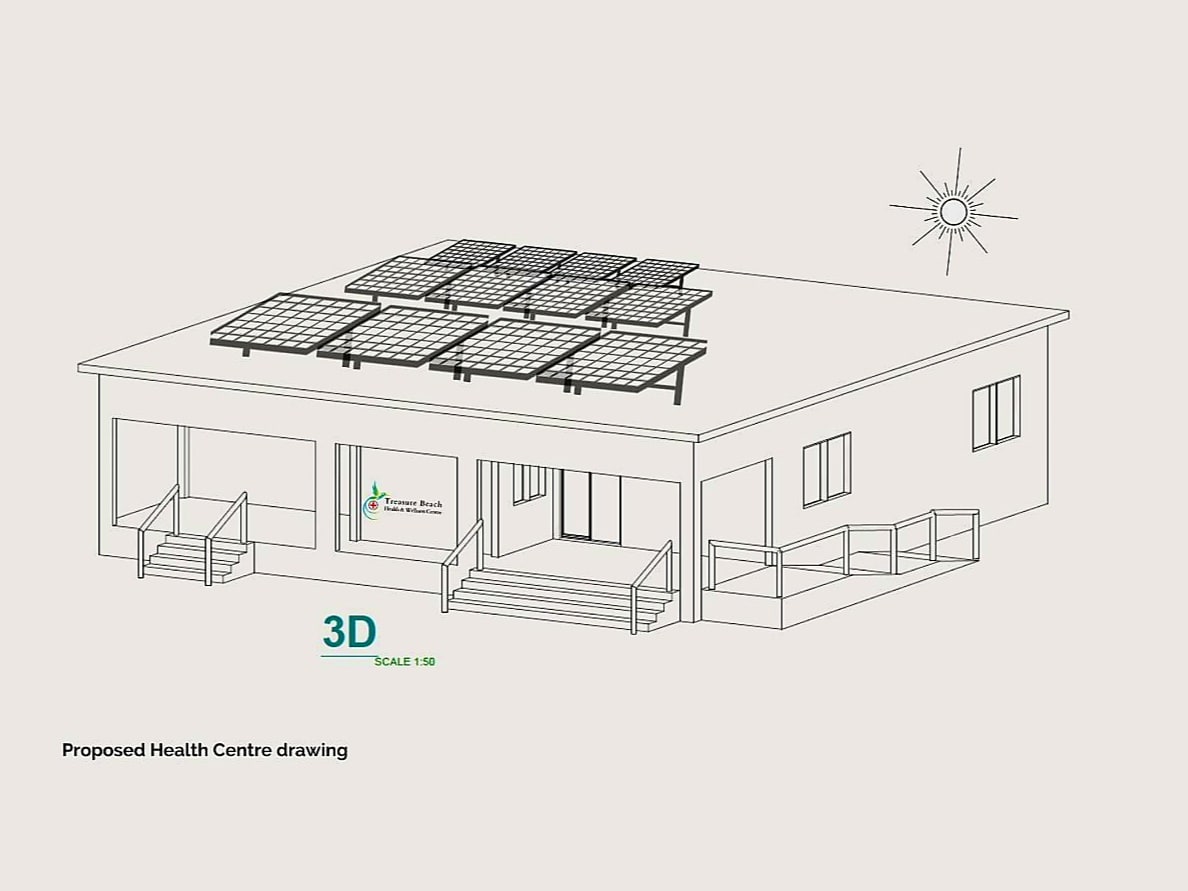 A 3D line drawing of the proposed Treasure Beach Health Centre, labelled Proposed Health Centre drawing, scale 1:50: a single-storey building with a flat roof carrying rows of solar panels, a covered front porch with steps, a ramp with railings along one side and the centre's logo on the front wall