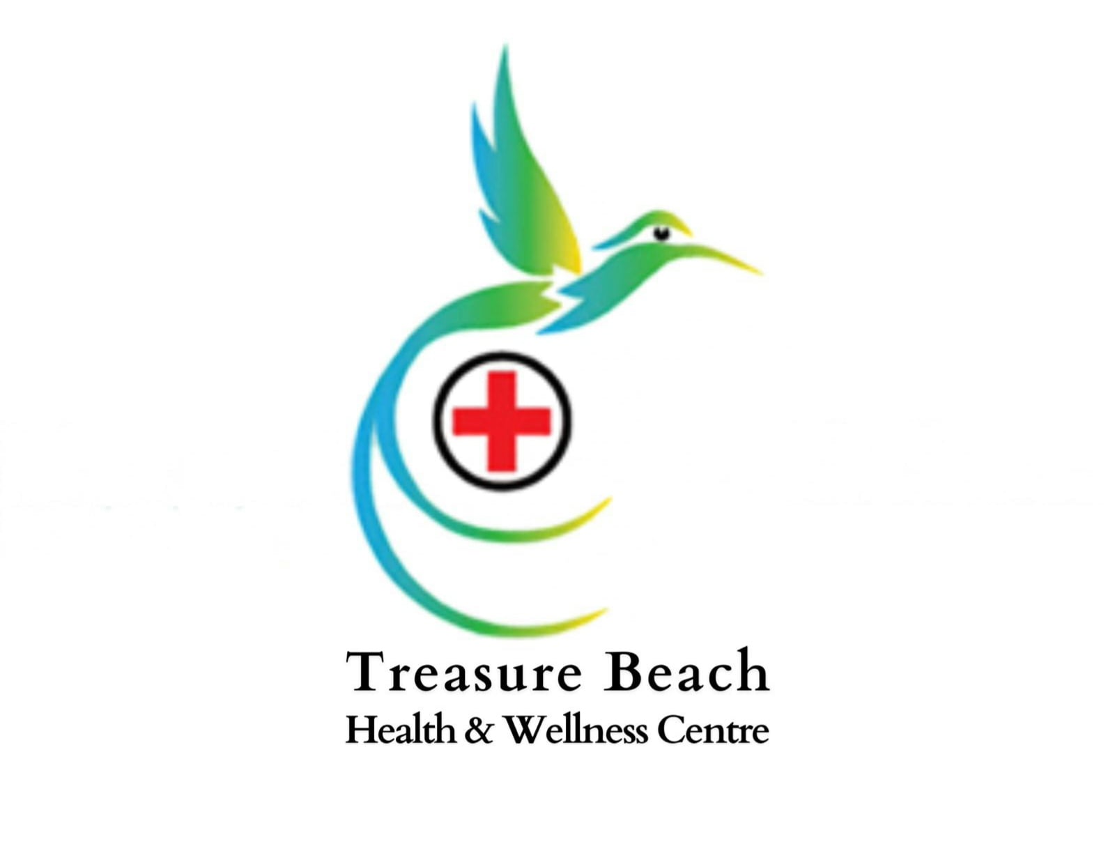 The Treasure Beach Health and Wellness Centre logo: a green and blue hummingbird curving round a red cross in a circle, above the words Treasure Beach Health and Wellness Centre